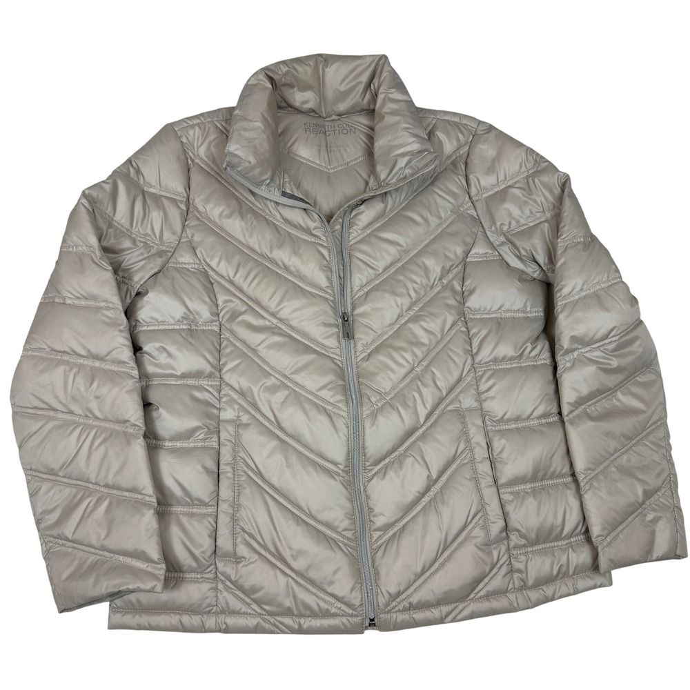 Kenneth Cole Reaction Womens Down Puffer Jacket Champagne Beige Chevron Large